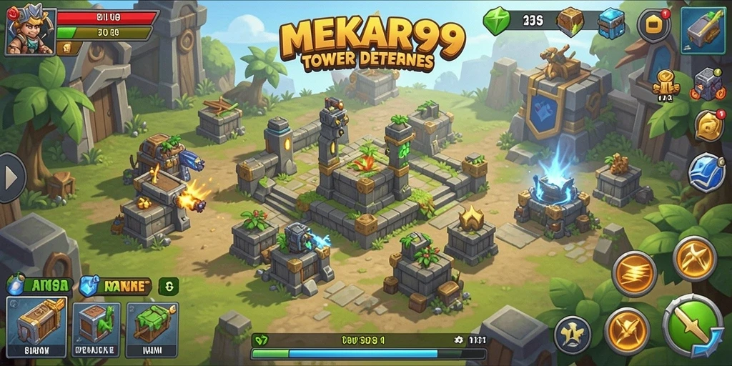 Screenshot gameplay MEKAR99 menunjukkan aksi Tower Defense yang mendebarkan.