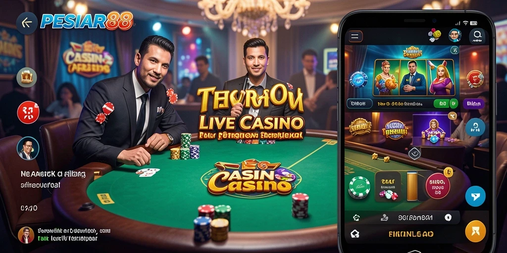 Screenshot PESIAR88 yang memperlihatkan dealer dan gameplay Live Casino yang interaktif.