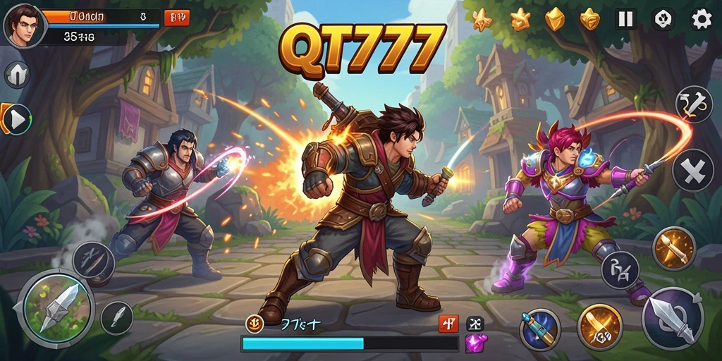 Screenshot menampilkan pertarungan epik dalam QT777 dengan karakter heroik.