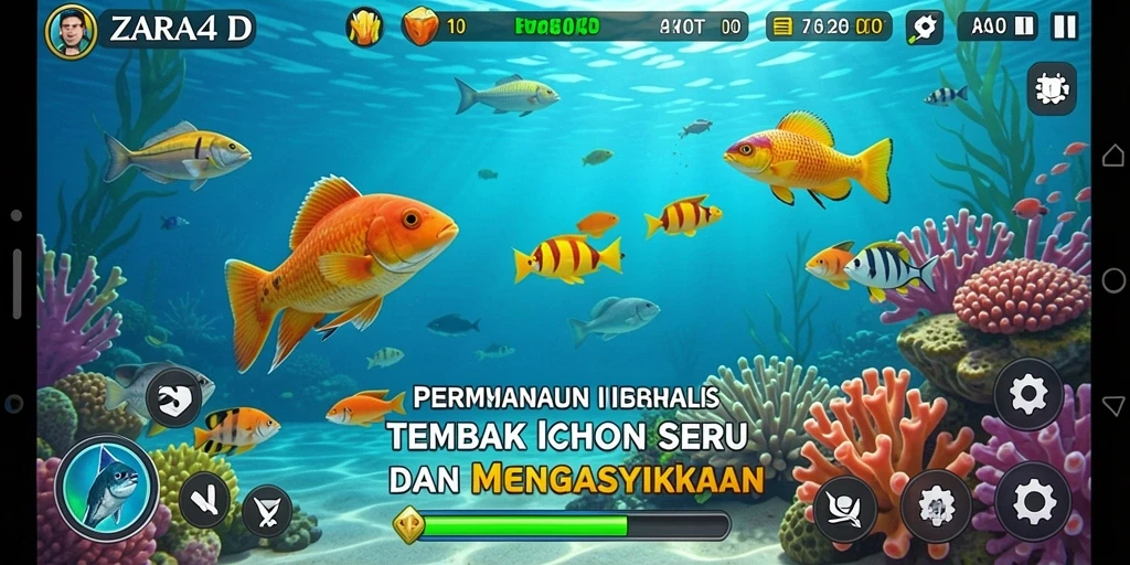 Tampilan gameplay ZARA4D dengan berbagai ikan dan senjata.